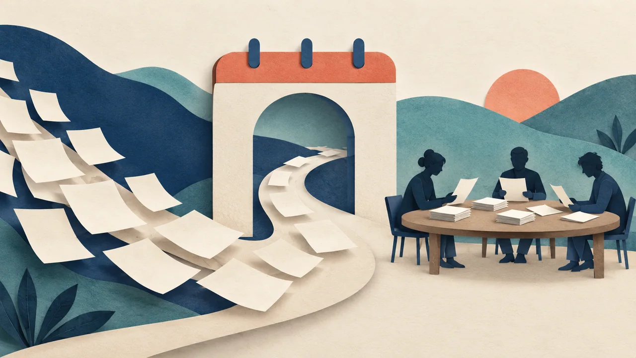 Abstract paper sheets move through a calendar-like arch toward volunteer moderators at a shared review table.