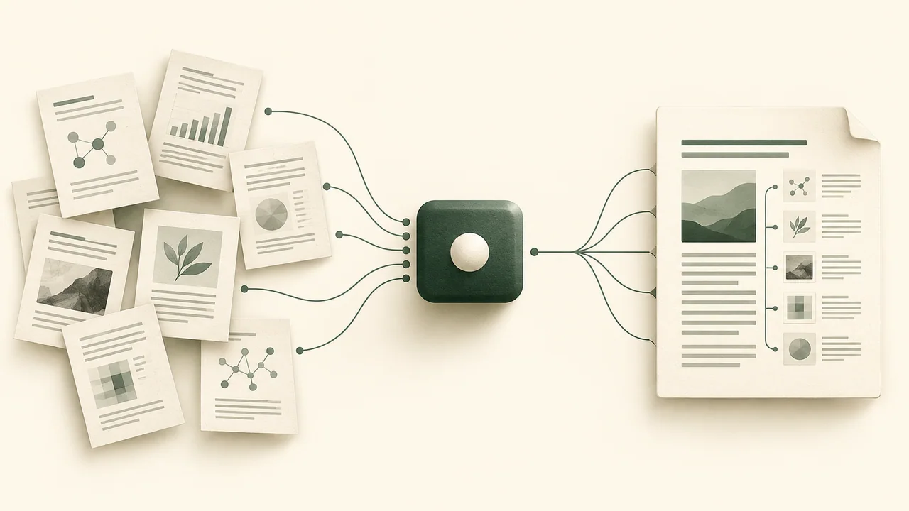 Abstract research excerpts connected to a structured report through a small model-shaped node.