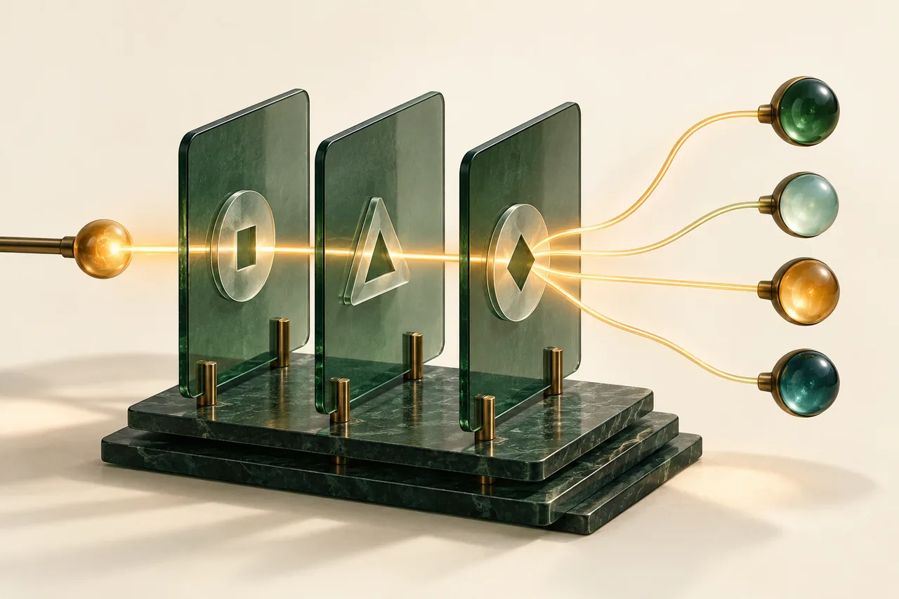 Amber light passes through three green glass gates and branches toward four possible outcomes.