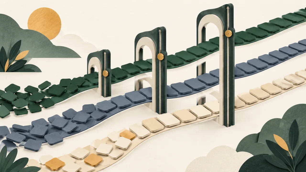 Three colored token lanes pass through adjustable gates with amber controls.