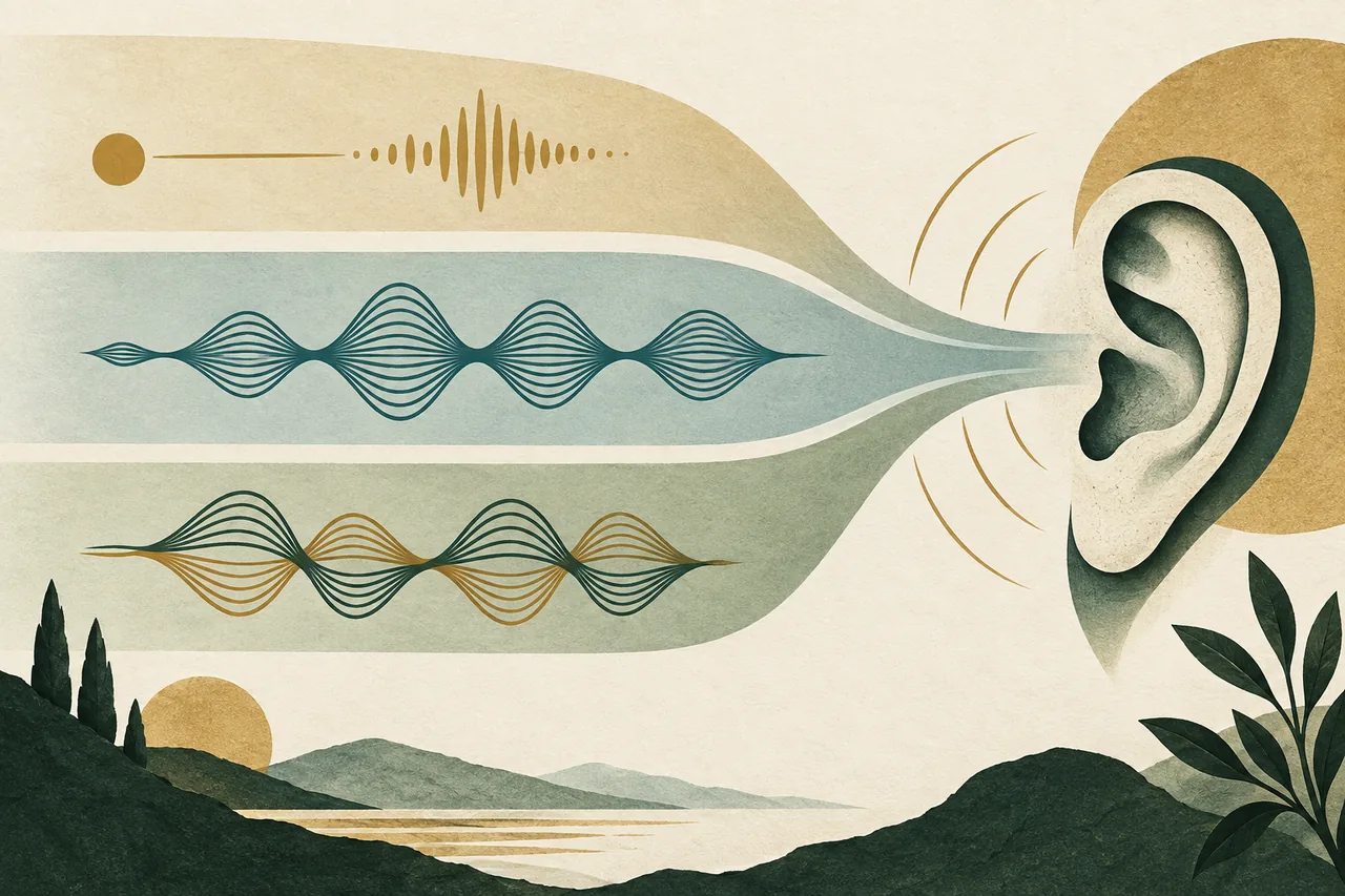 Conceptual illustration of speech waveforms reaching a listening ear