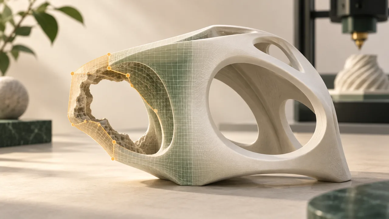Conceptual illustration of selecting a damaged area of a 3D shape and repairing its contour