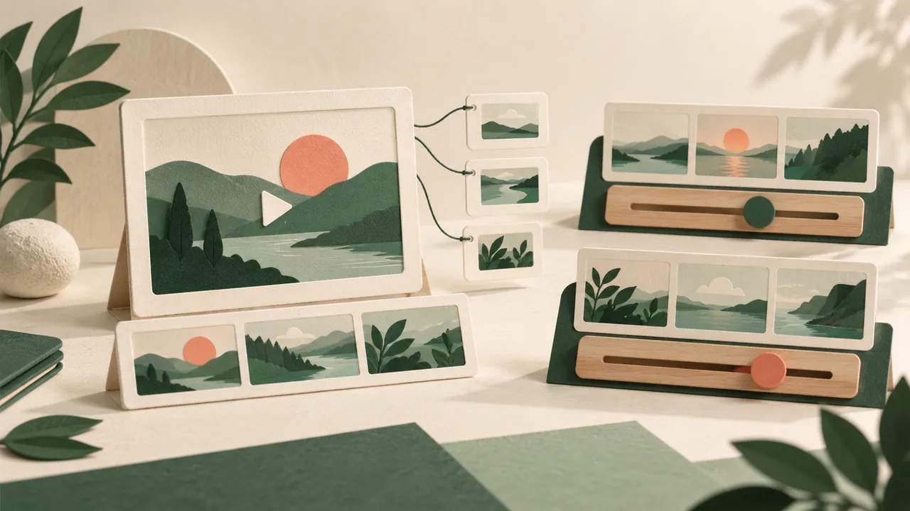 Paper video frames connect to two comparison boards, each with a slider.