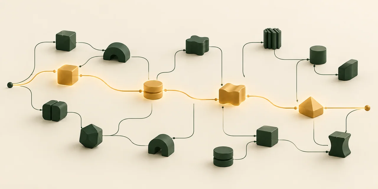 Conceptual illustration of four paths selected through a larger network of model experts