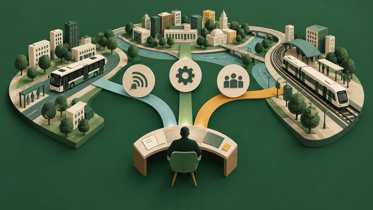 Conceptual illustration of bus, rail and passenger information reaching a human transit operator