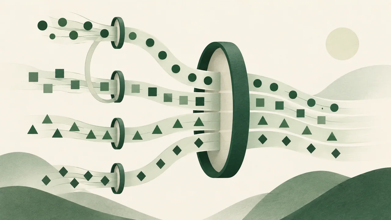 Abstract task streams passing through separate and shared capacity gates.